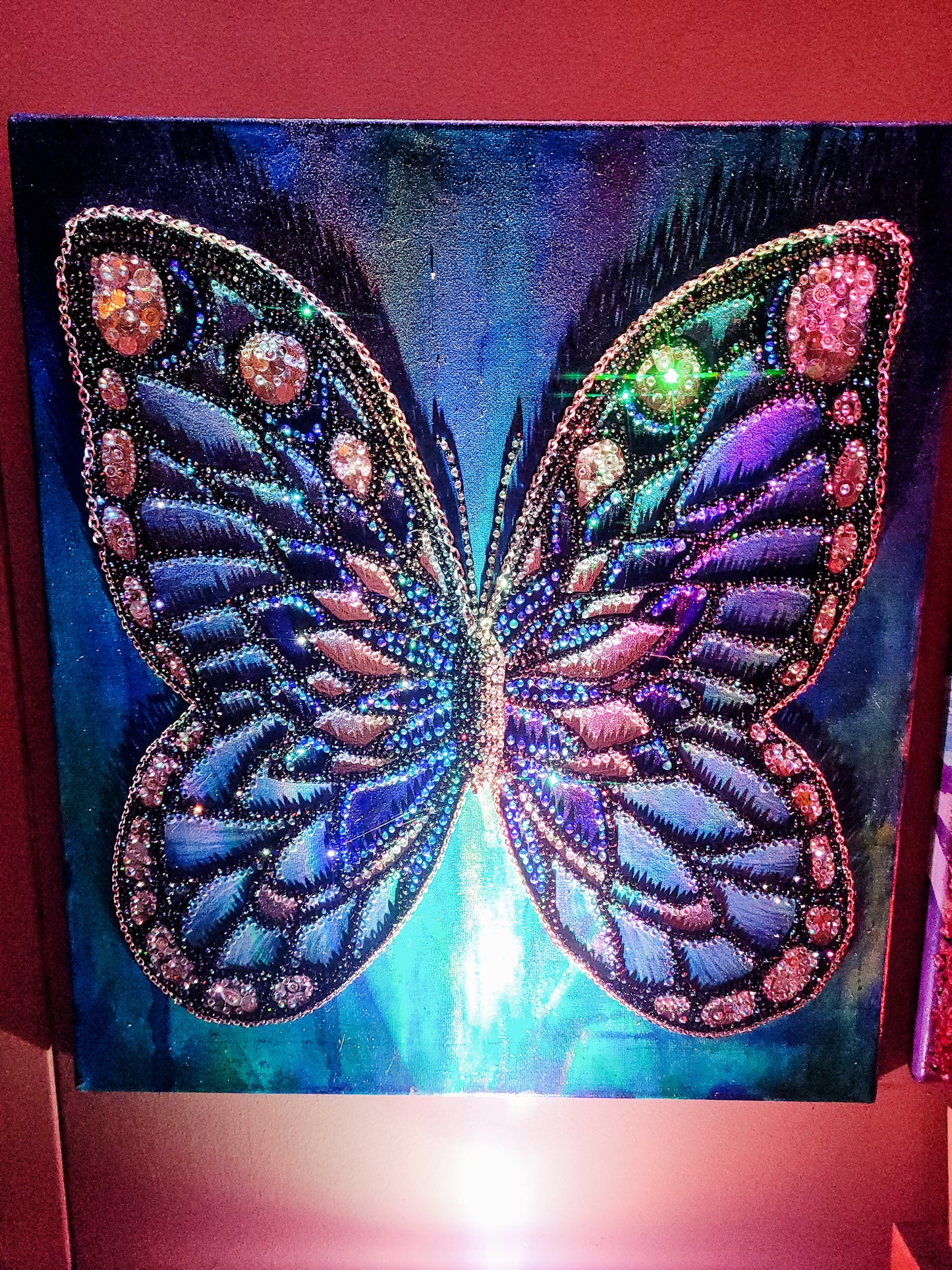 The Treasured One - beautiful blue butterfly sparkling rhinestone gem wall art