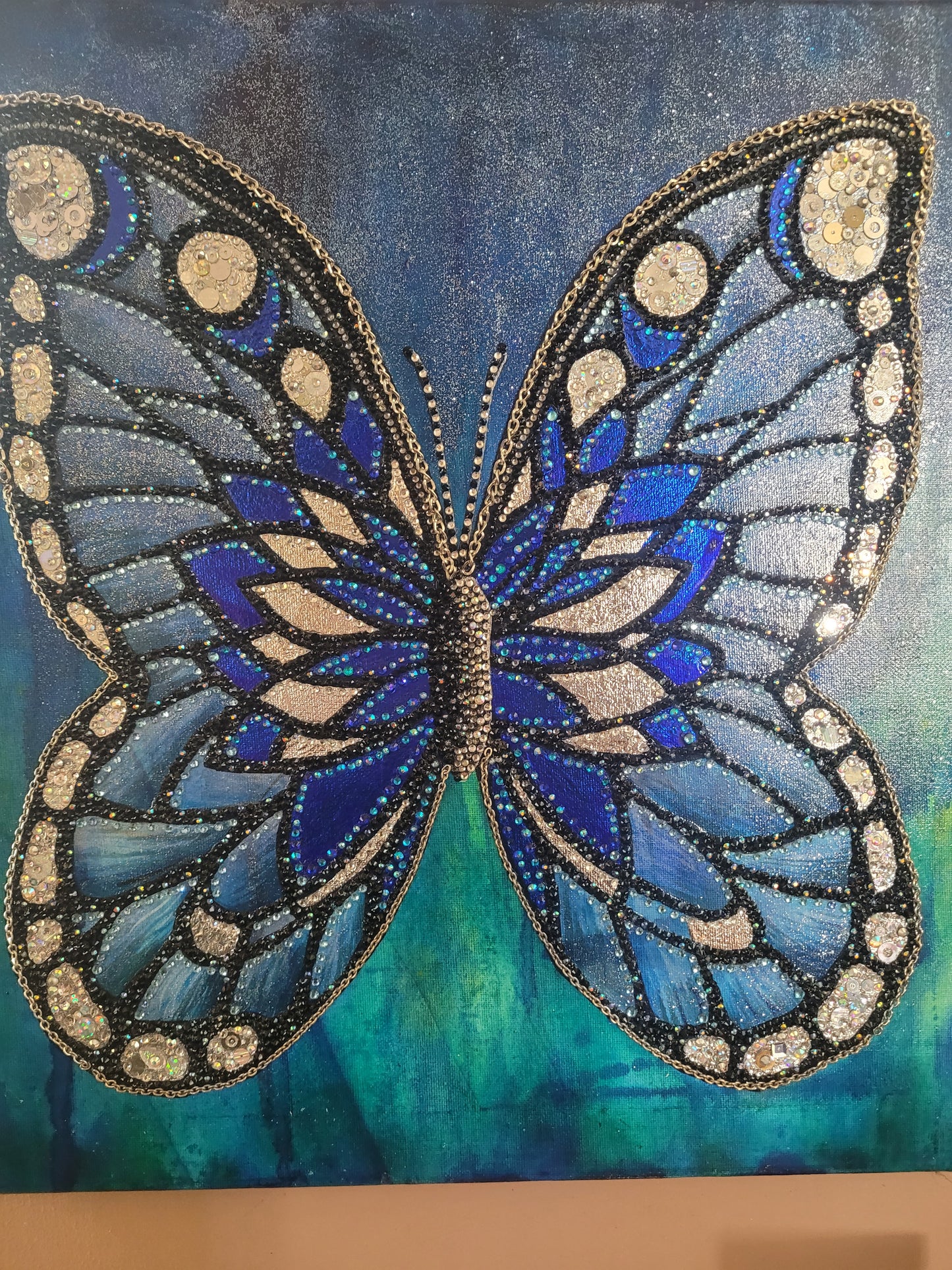 The Treasured One - beautiful blue butterfly sparkling rhinestone gem wall art