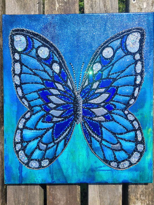 The Treasured One - beautiful blue butterfly sparkling rhinestone gem wall art